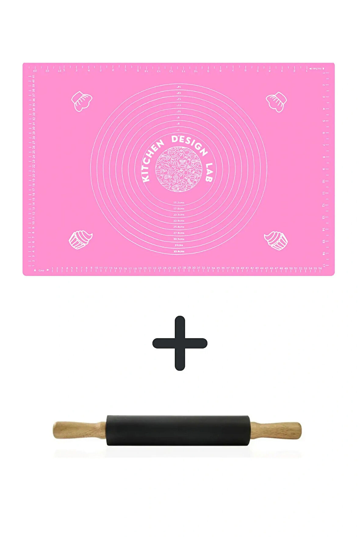 Pembe 45x65 Cm Silikon Hamur Açma Matı Ve Siyah Klasik Merdane