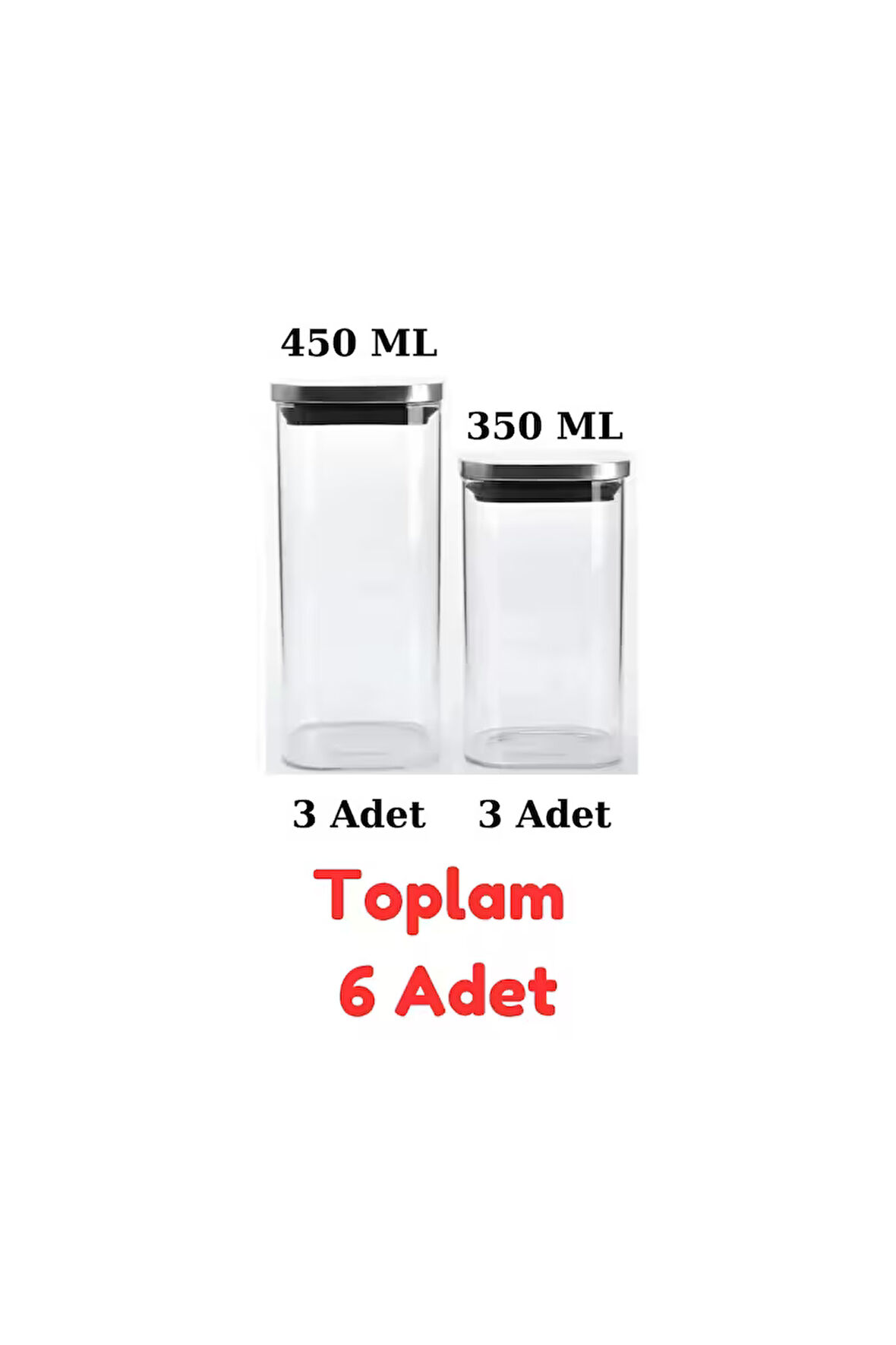 Vakum Krom Kapaklı Kare Cam Kavanoz 450ML 350ML Saklama Kabı 6 Adet