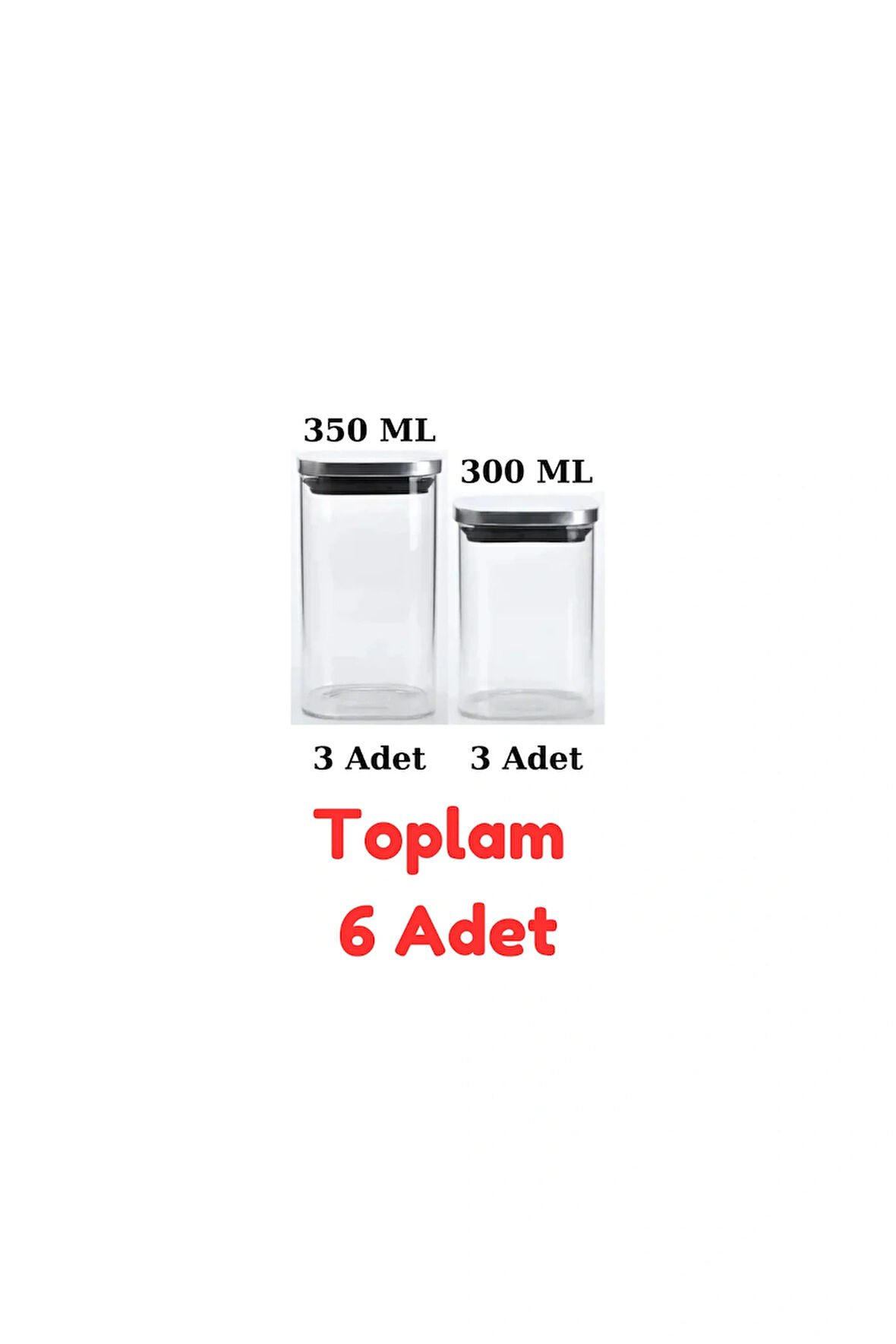 Vakum Krom Kapaklı Kare Cam Kavanoz 350ML 300ML Saklama Kabı 6 Adet