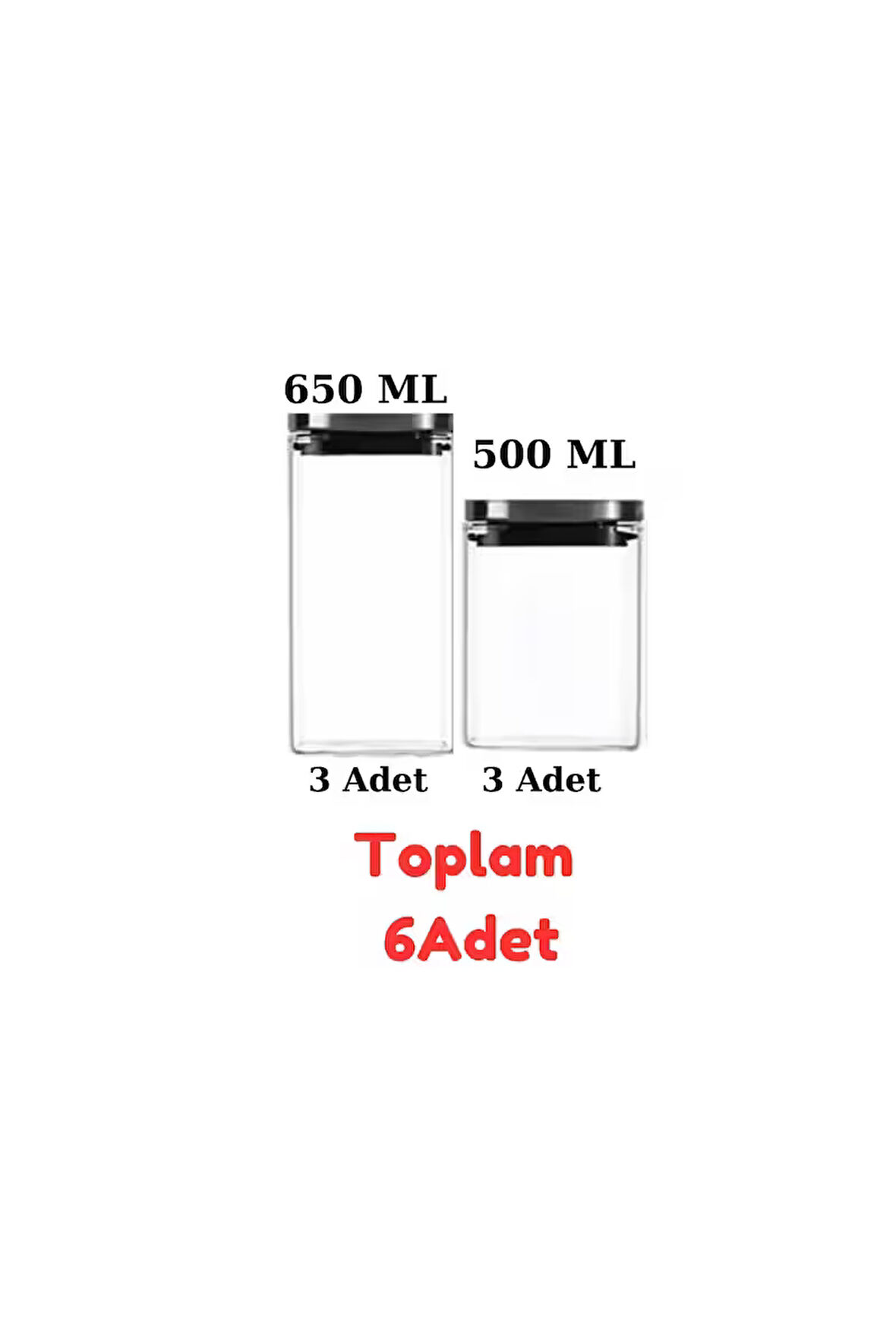 Vakum Krom Kapaklı Kare Cam Kavanoz 650ML 500ML Saklama Kabı 6 Adet