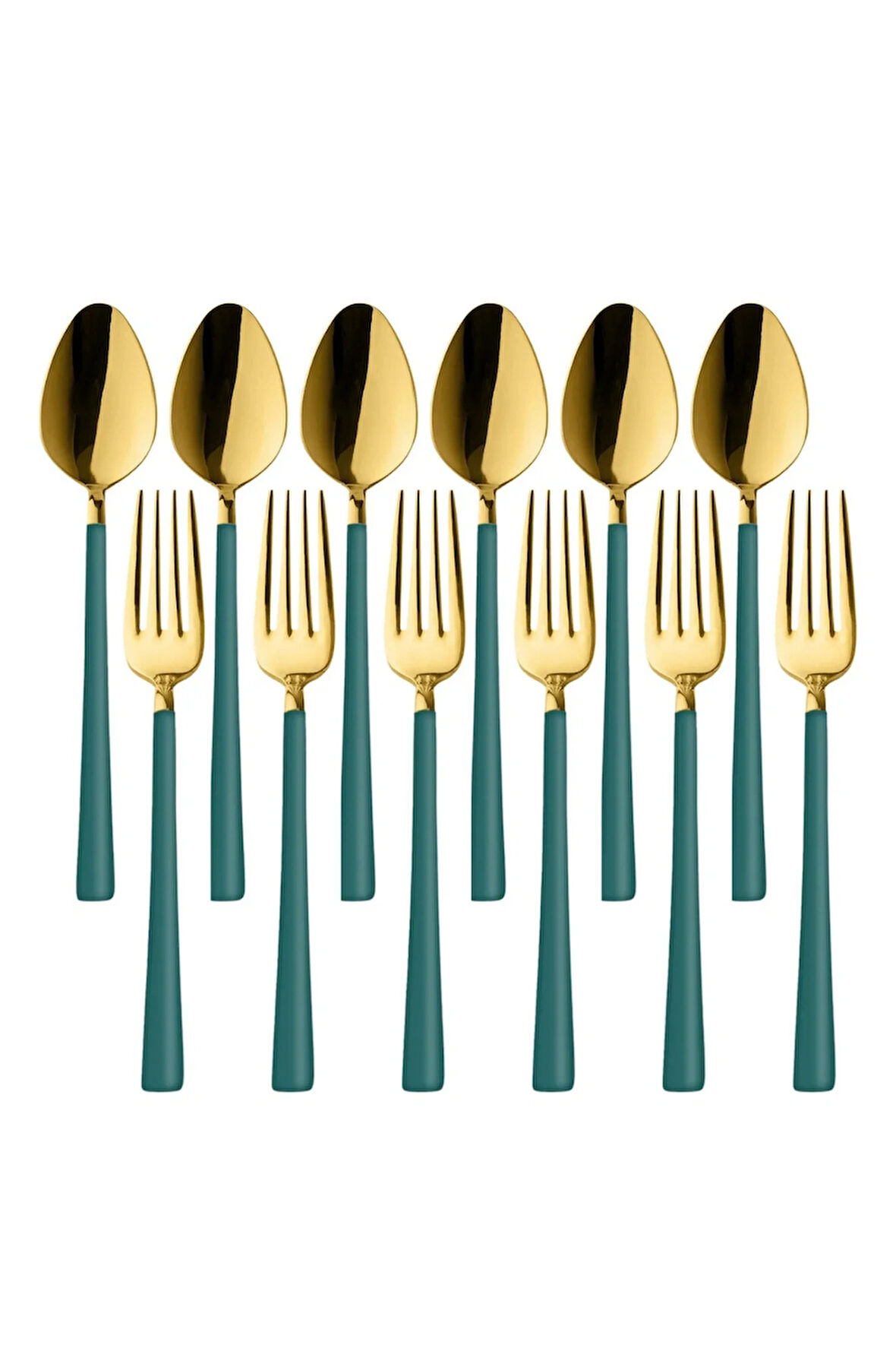 12 Adet Parlak Gold Yeşil Tatlı Meyve Kaşık Çatal Takımı, Paslanmaz Çelik Kahvaltı Kaşık Çatal Seti