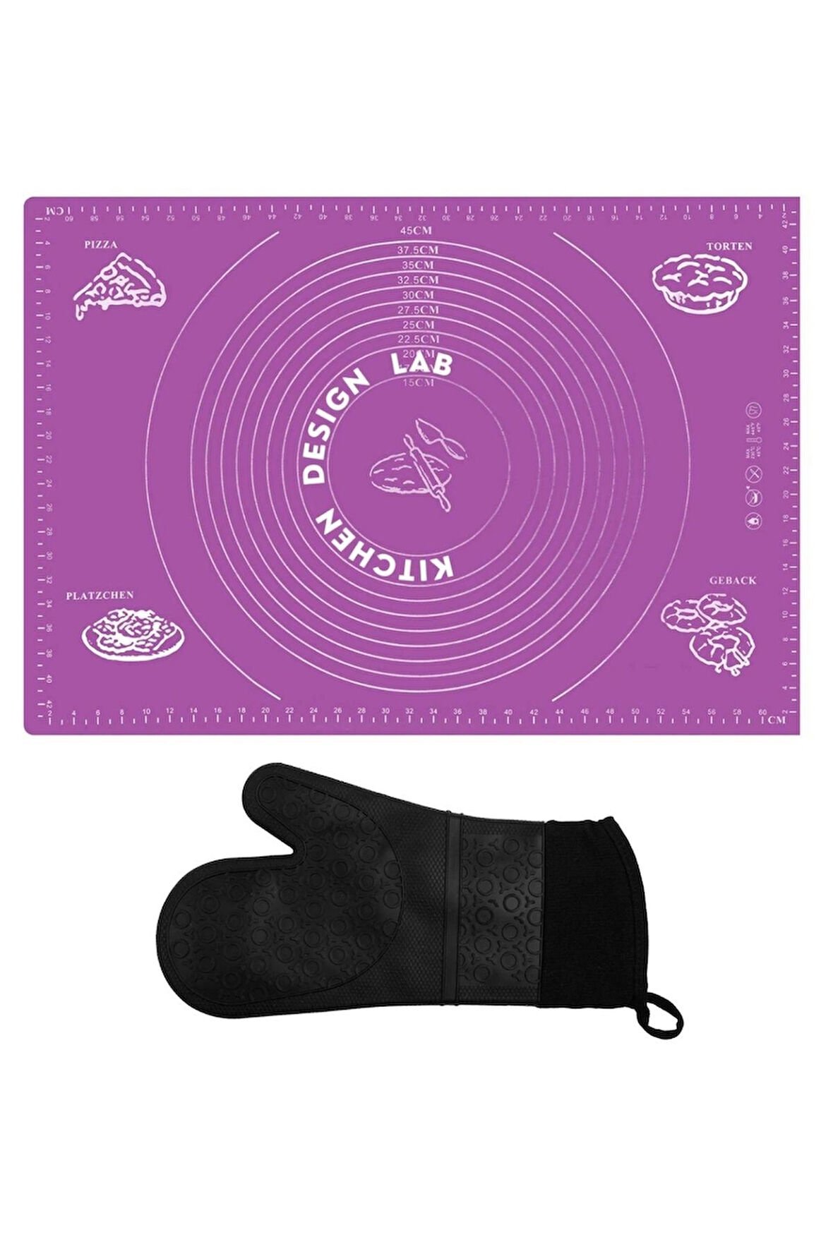 2'li Set Mor 45x65 Cm Silikon Hamur Açma Matı Ve Siyah Silikon Yanmaz Mutfak Fırın Eldiveni