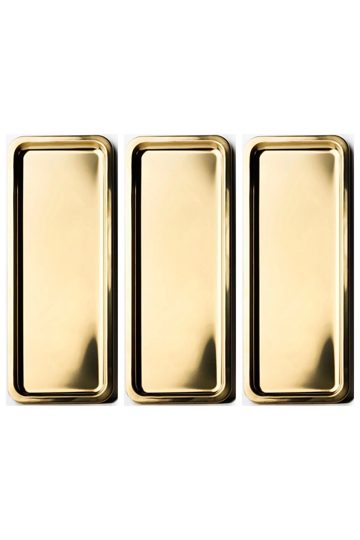 Paslanmaz Çelik Gold Renk Dikdörtgen Dar Metal Düz Sunum Tepsisi Çay Kahve Tatlı Sunum 3 Adet