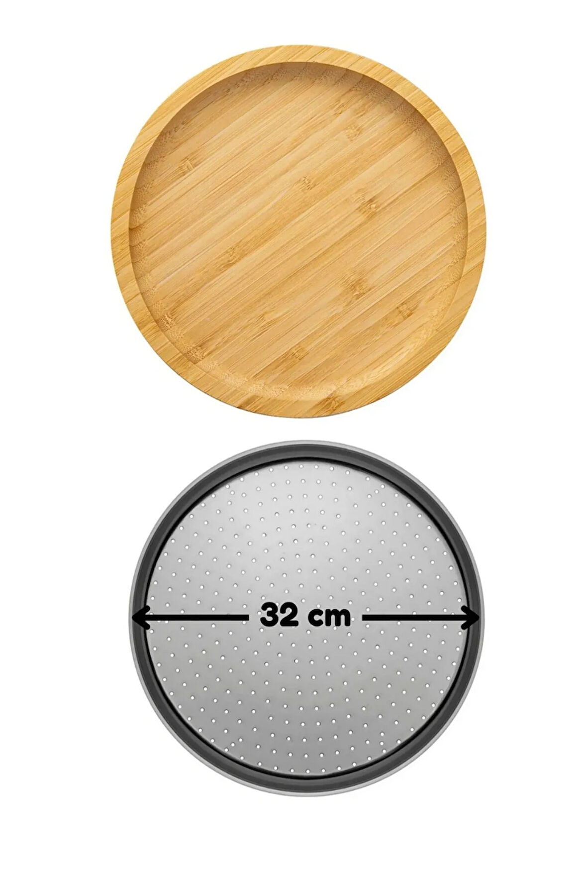 Orta Boy Delikli Pizza Tepsisi Lahmacun Tepsisi 32 Cm Ve Bambu Yuvarlak Pizza Tabağı 30 Cm