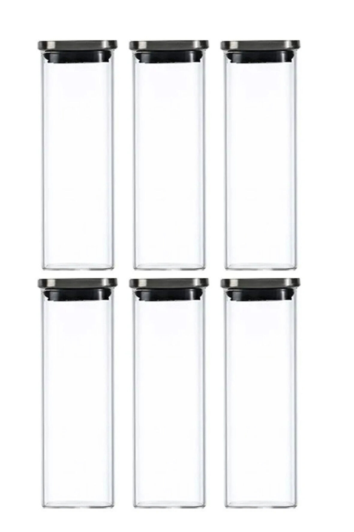 Vakum Krom Kapaklı Kare Cam Kavanoz 6x6*18 Cm -600 ML Cam Baharatlık Saklama Kabı 6 Adet