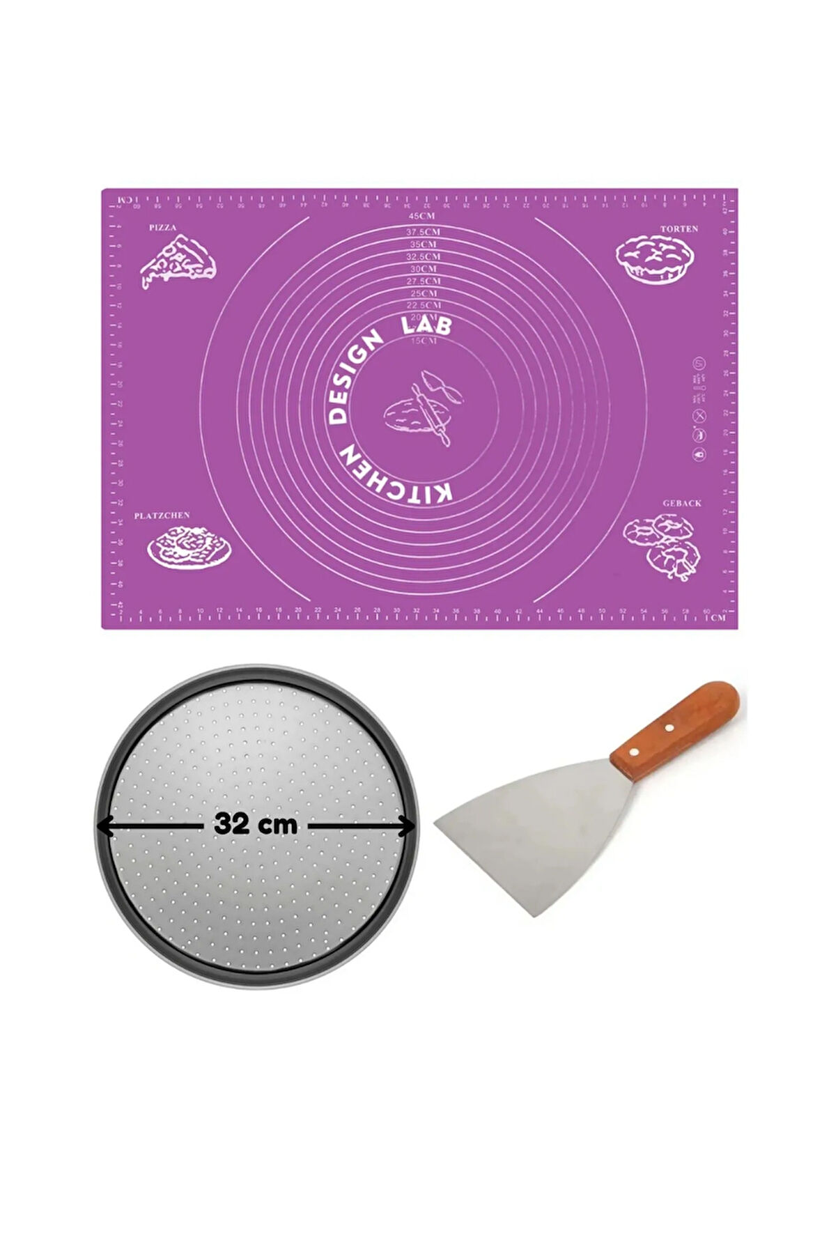 Mor Hamur Açma Matı 45 X 65 Cm, 32 Cm Pizza Tepsisi Ve Ahşap Uzun Saplı Hamur ve Pizza Kesici