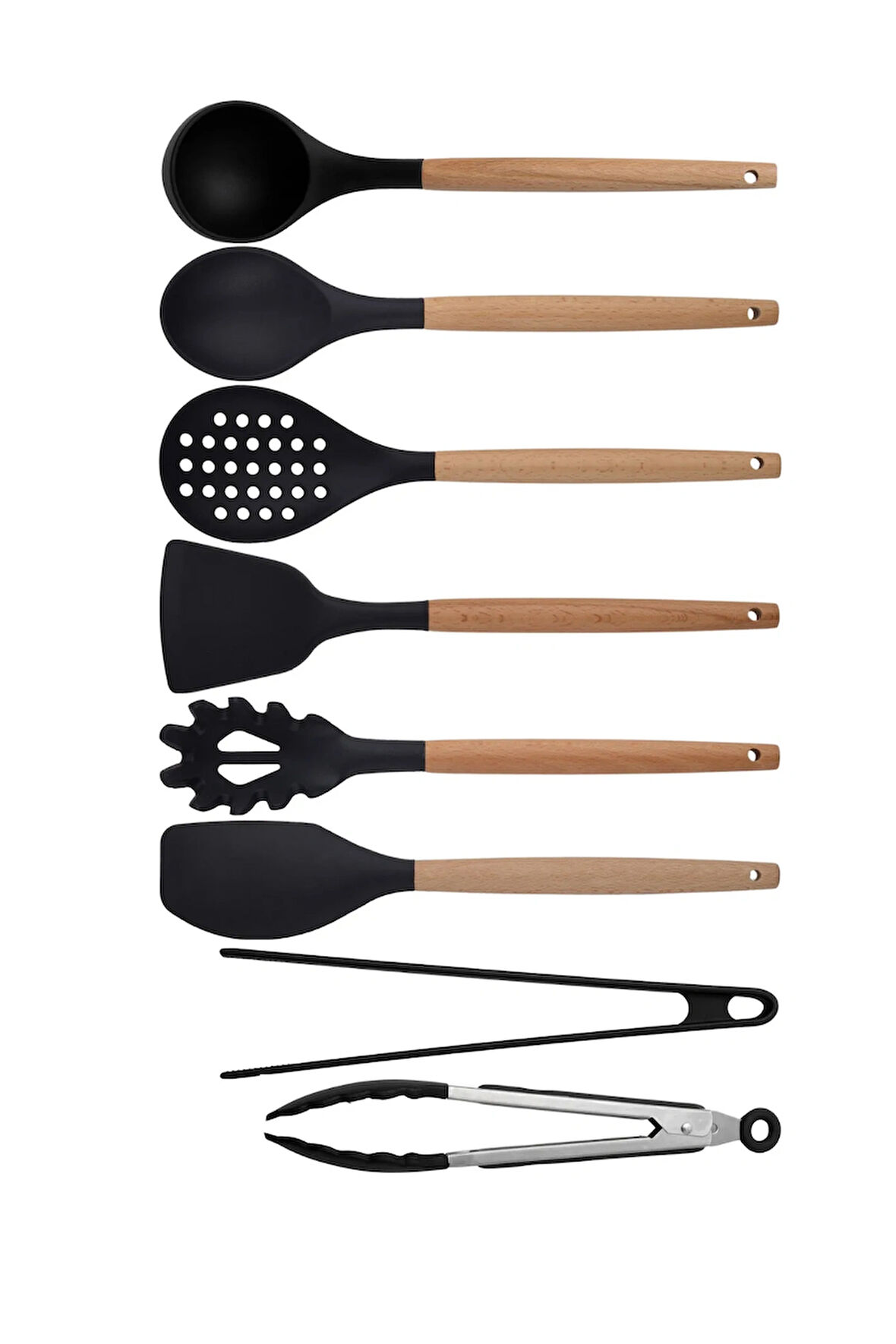 Siyah Bambu Silikon - Kepçe, Kaşık, Kevgir, Makarna, Açılı - Düz Spatula, Metal - Silikon Maşa Set