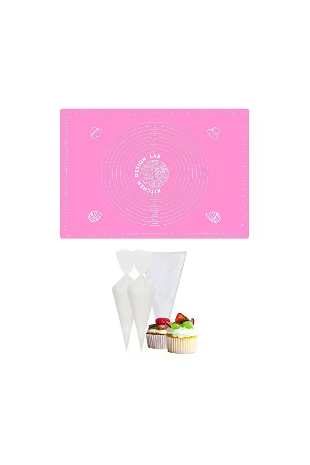 2'li Set Pembe 45x65 cm Silikon Hamur Açma Matı Ve Kullan At Krema Torbası Seti