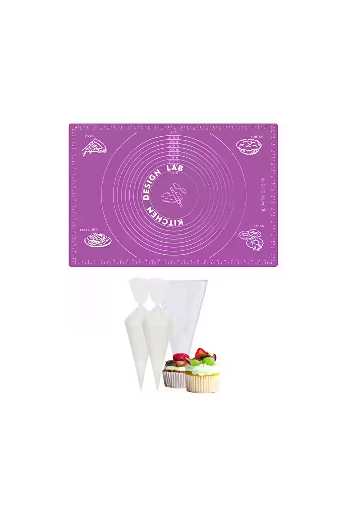 2'li Set Mor 45x65 Cm Silikon Hamur Açma Matı Ve Kullan At Krema Torbası