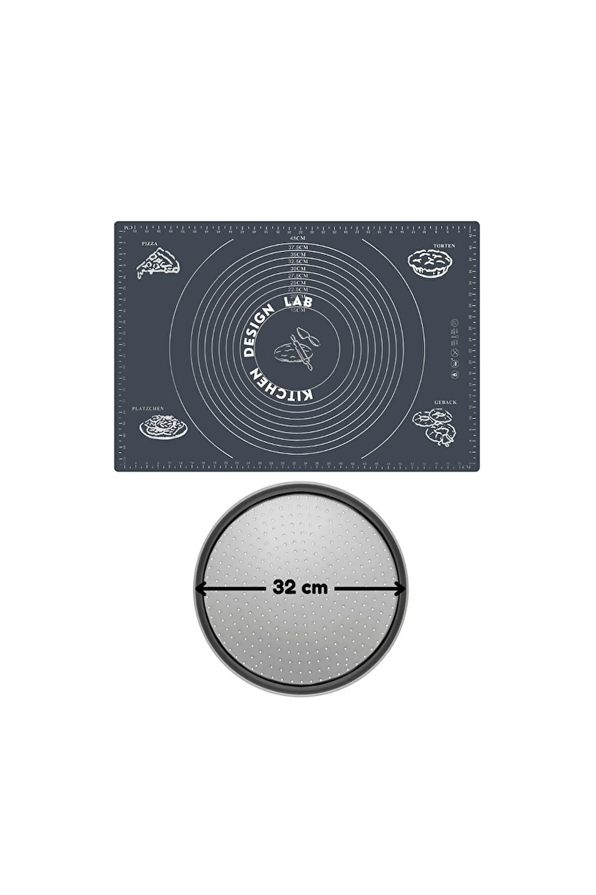 2'li Set Gri 45x65 Cm Silikon Hamur Açma Matı Ve Pizza Tepsisi 32 Cm