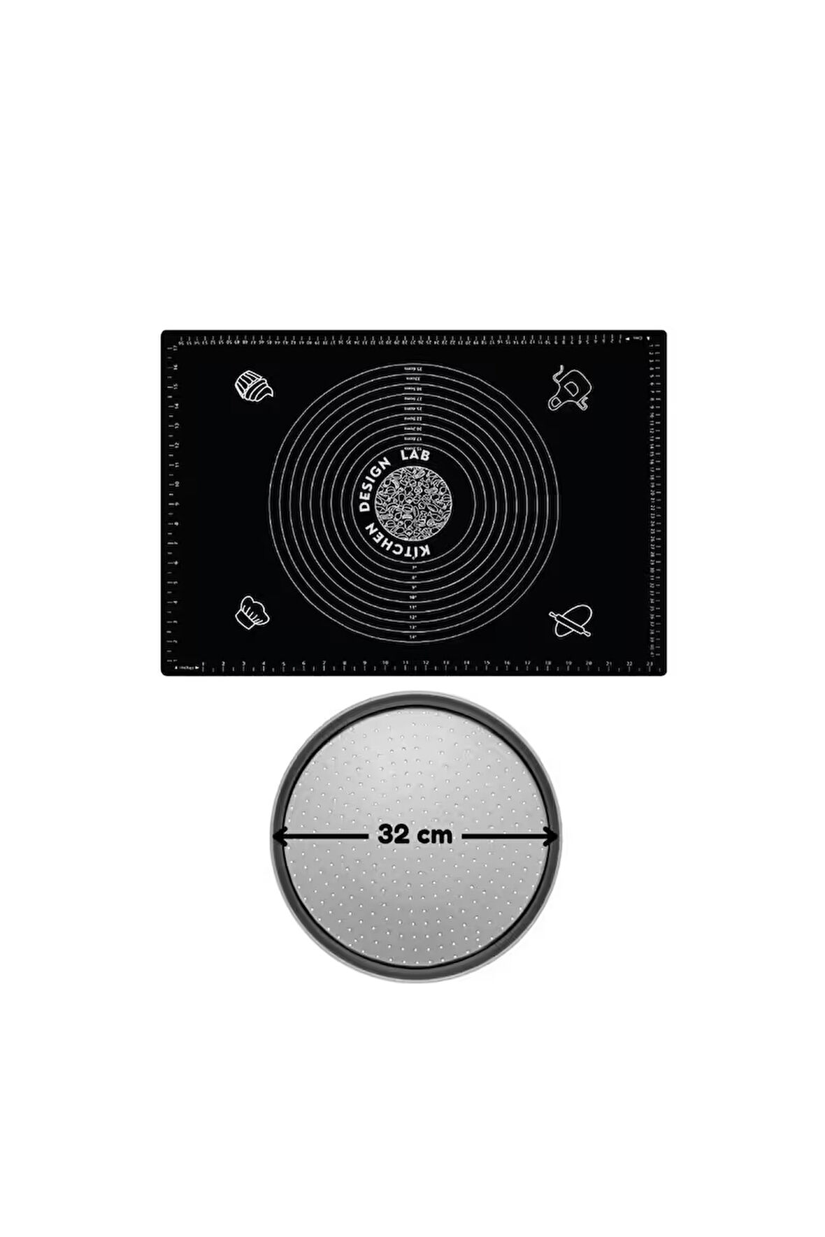 2'li Set Siyah 45x65 Cm Silikon Hamur Açma Matı Ve Pizza Tepsisi 32 Cm