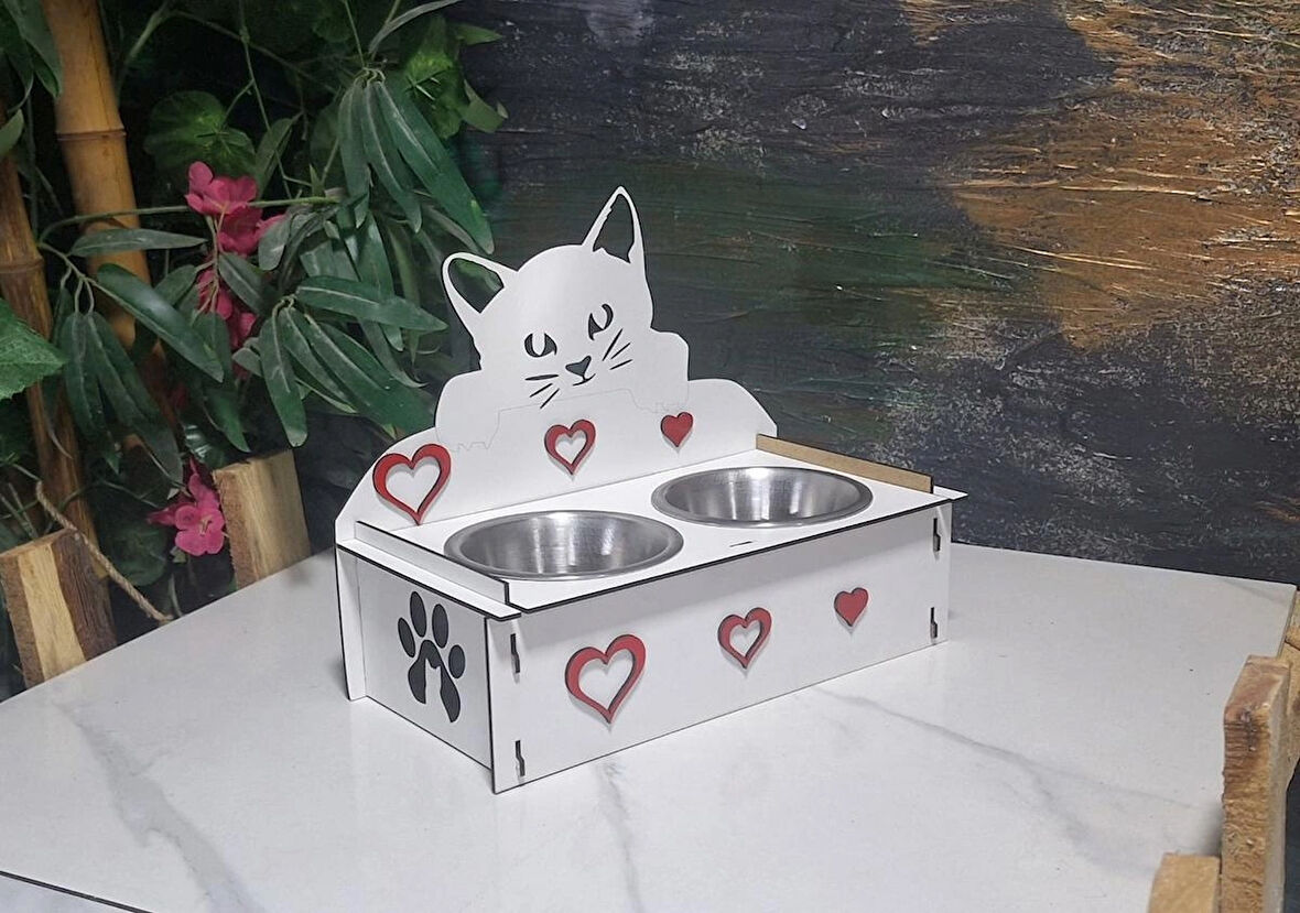 Dekoratif Ahşap Çift Hazneli Kedi Mama & Su Kabı – Kalp ve Patili Tasarım