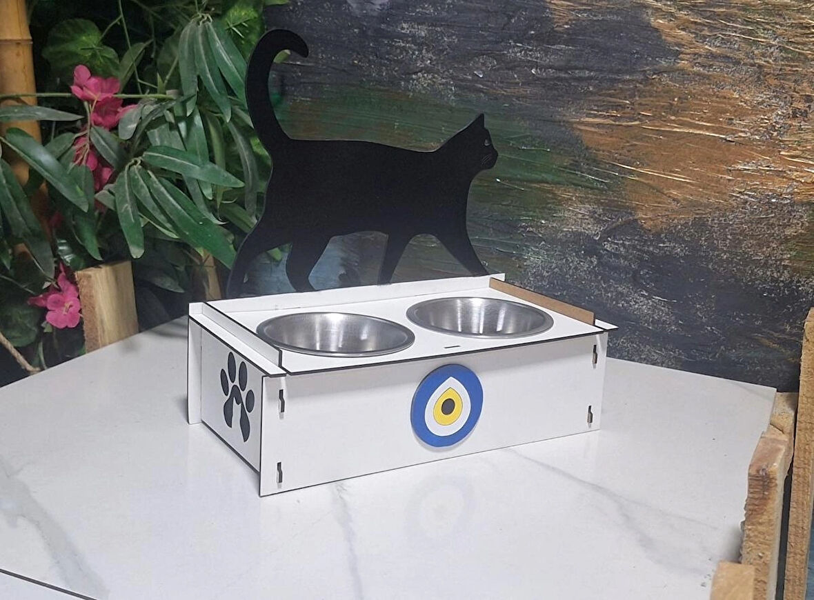 Dekoratif Ahşap Çift Hazneli Kedi Mama & Su Kabı – Kalp ve Patili Tasarım