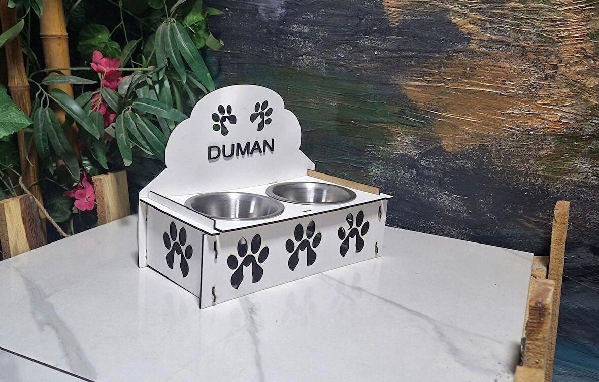 Dekoratif Ahşap Çift Hazneli Kedi Mama &amp; Su Kabı – KEDİNİZİN İSMİ