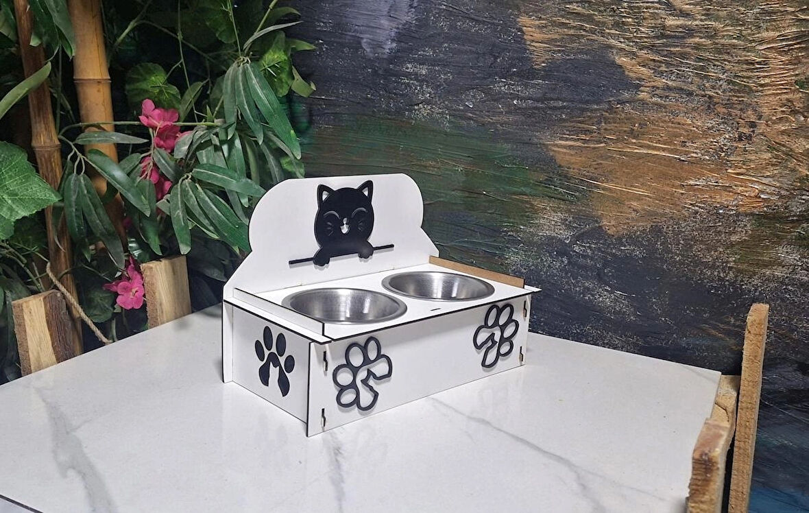 Dekoratif Ahşap Çift Hazneli Kedi Mama & Su Kabı – Patili Tasarım