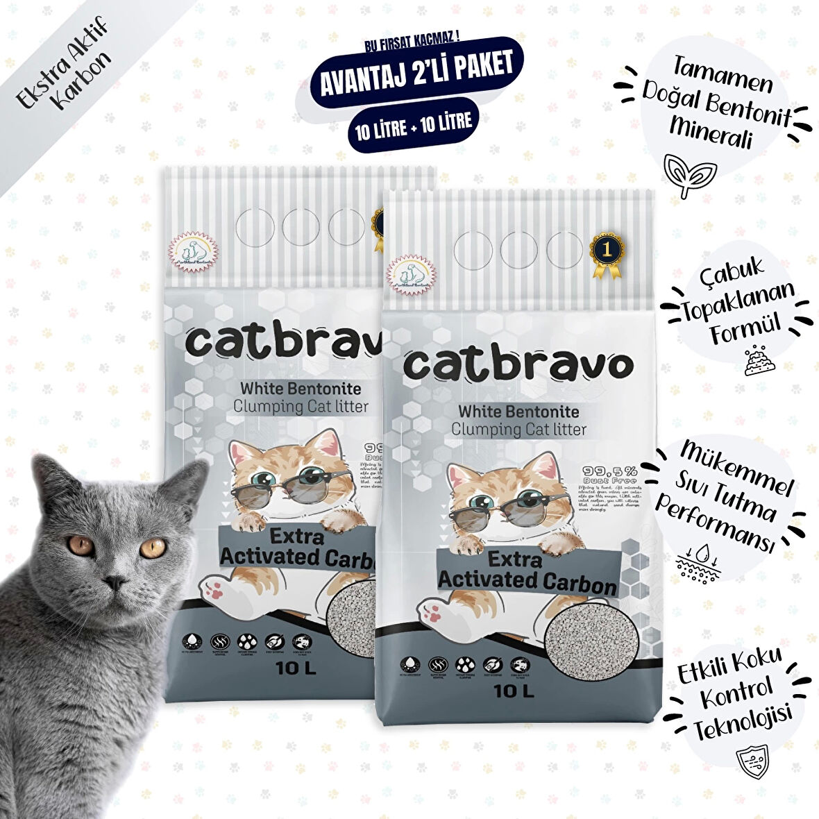 CATBRAVO Aktif Karbonlu Topaklanan Kedi Kumu 10 Lt X 2 Adet