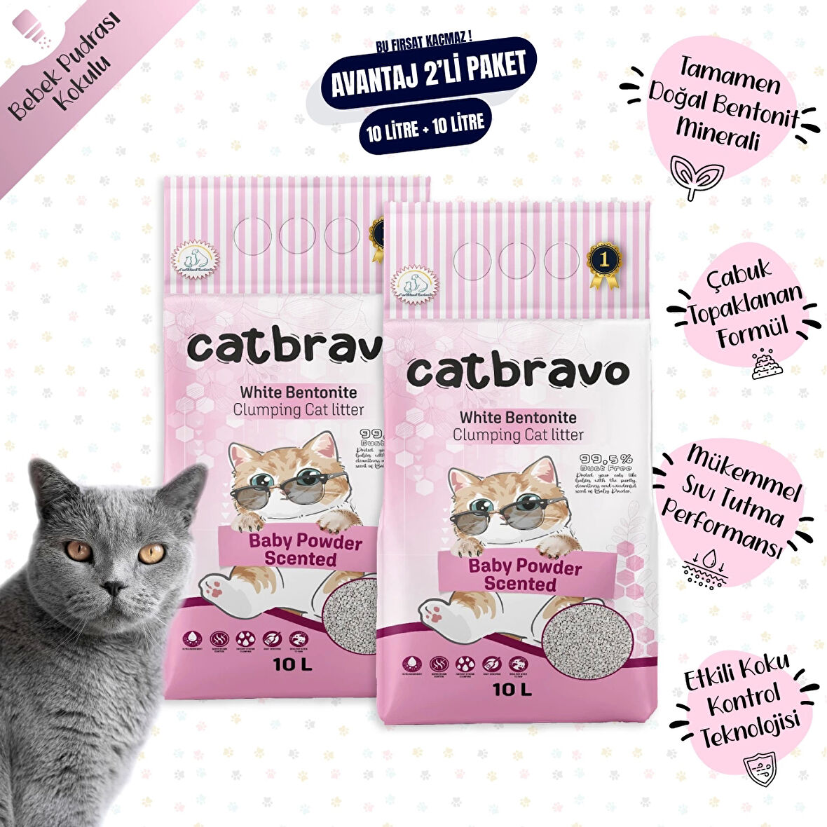 CATBRAVO Aktif Topaklanan Bebek Pudrası Kokulu Kedi Kumu 10 Lt X 2 Adet