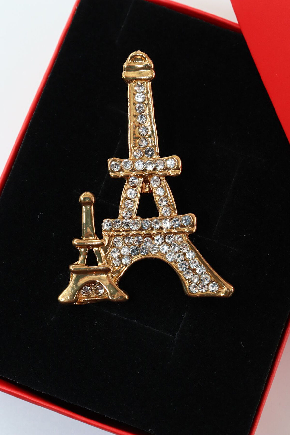 Gold renk eyfel kulesi broş. Taşlı tasarım broş. Yaka iğnesi. Kadın broş. Broş. Eyfel kulesi broş.