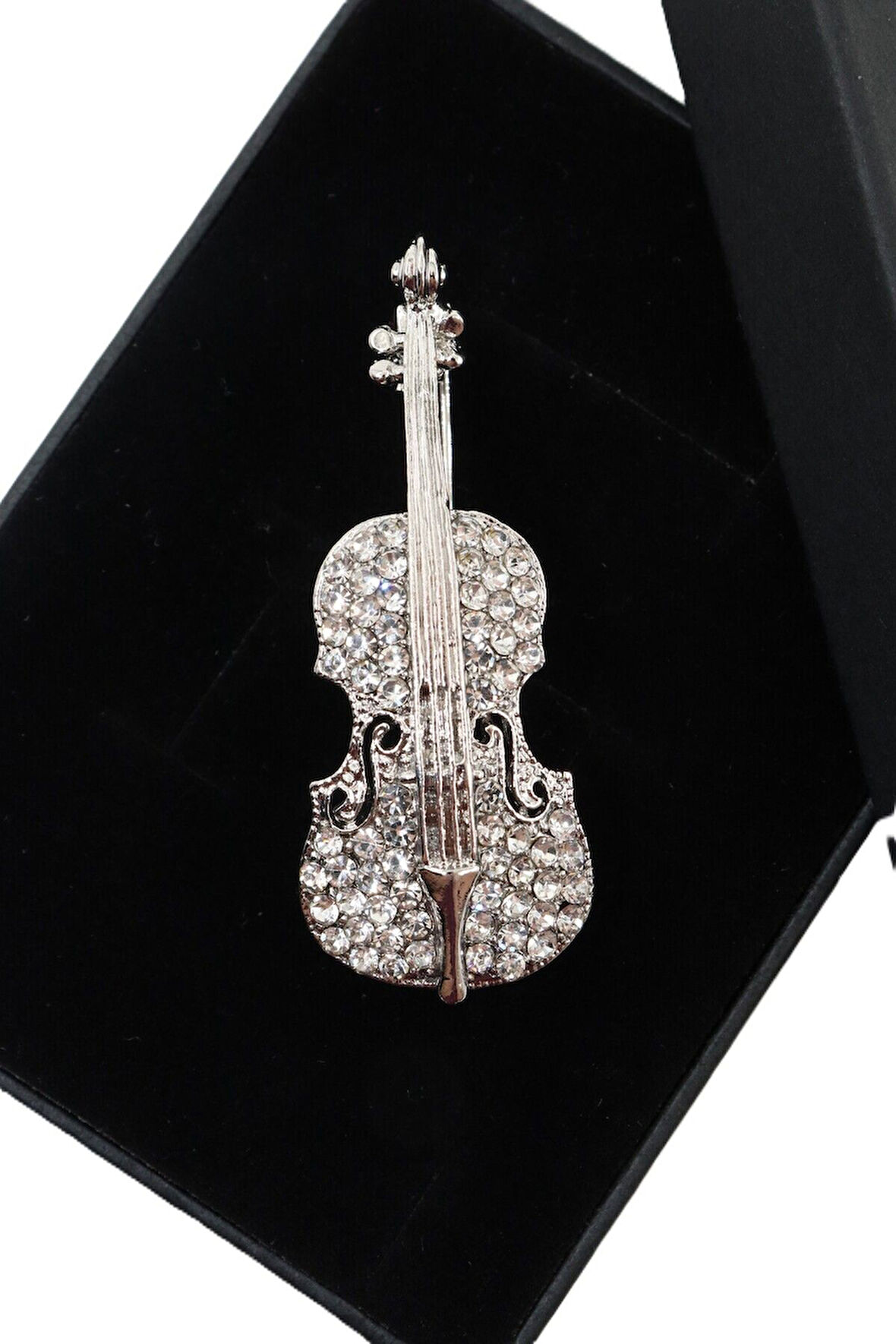 Silver zirkon taşlı keman broş. Yaka iğnesi keman broş. Kadın broş, erkek broş. Keman broş.