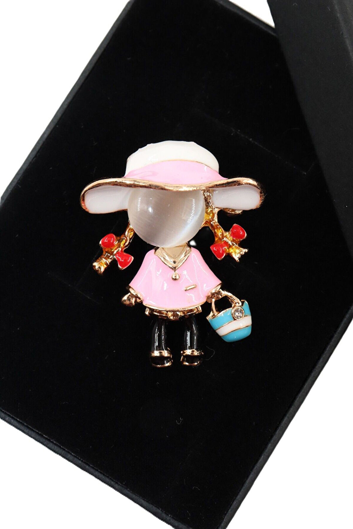 Sevimli pembeli kız broş. Yaka iğnesi kız broş. Taşlı tasarım kız broş. Kadın broş. Kız broş