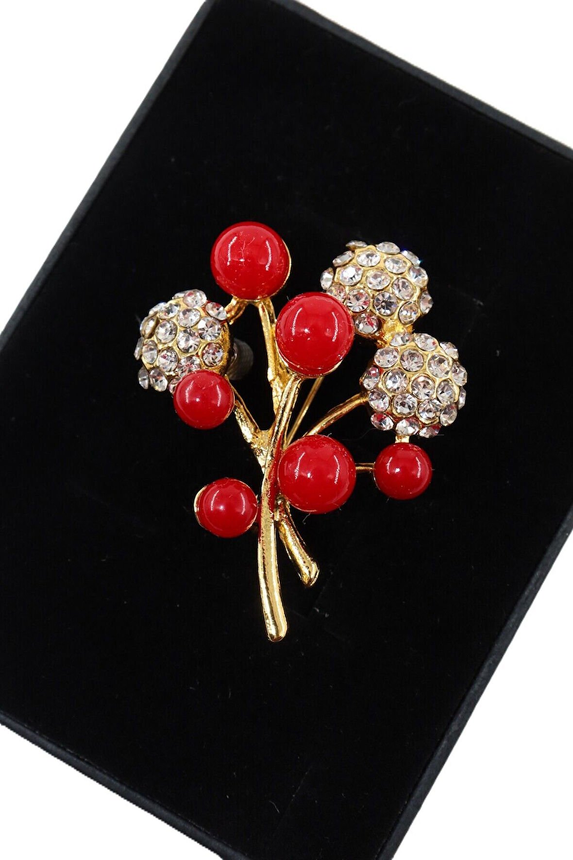 Gilaburu meyveli broş. Yaka iğnesi gilaburu broş, Taşlı tasarım broş. Kadın broş. Gilaburu broş.