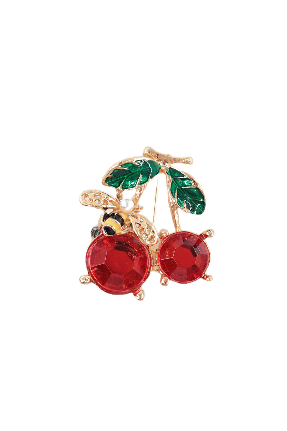 Yazın neşesi arılı kiraz broş. Altın dallı kristal taşlı yakut renkli kiraz arı kadın yaka iğnesi