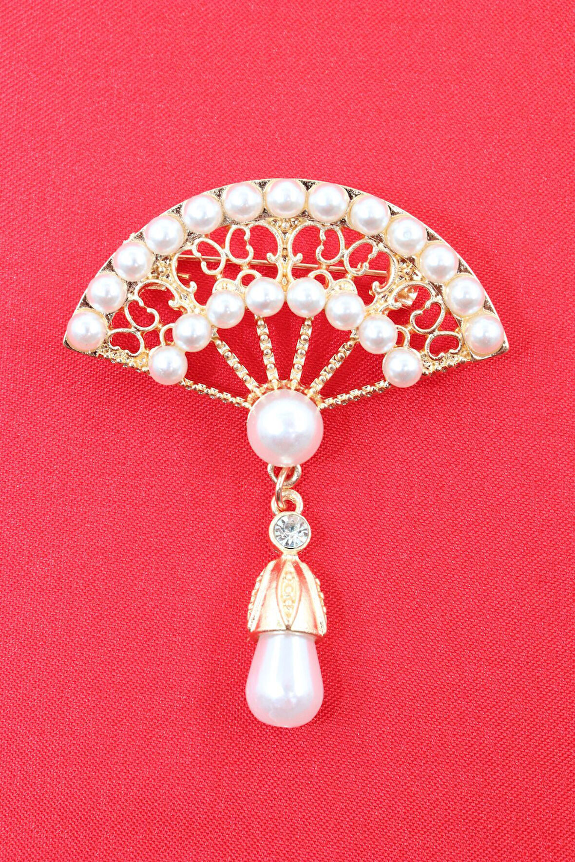 Yelpaze broş. Gold incili yelpaze broş. Yaka iğnesi broş. Kadın broş. Broş.