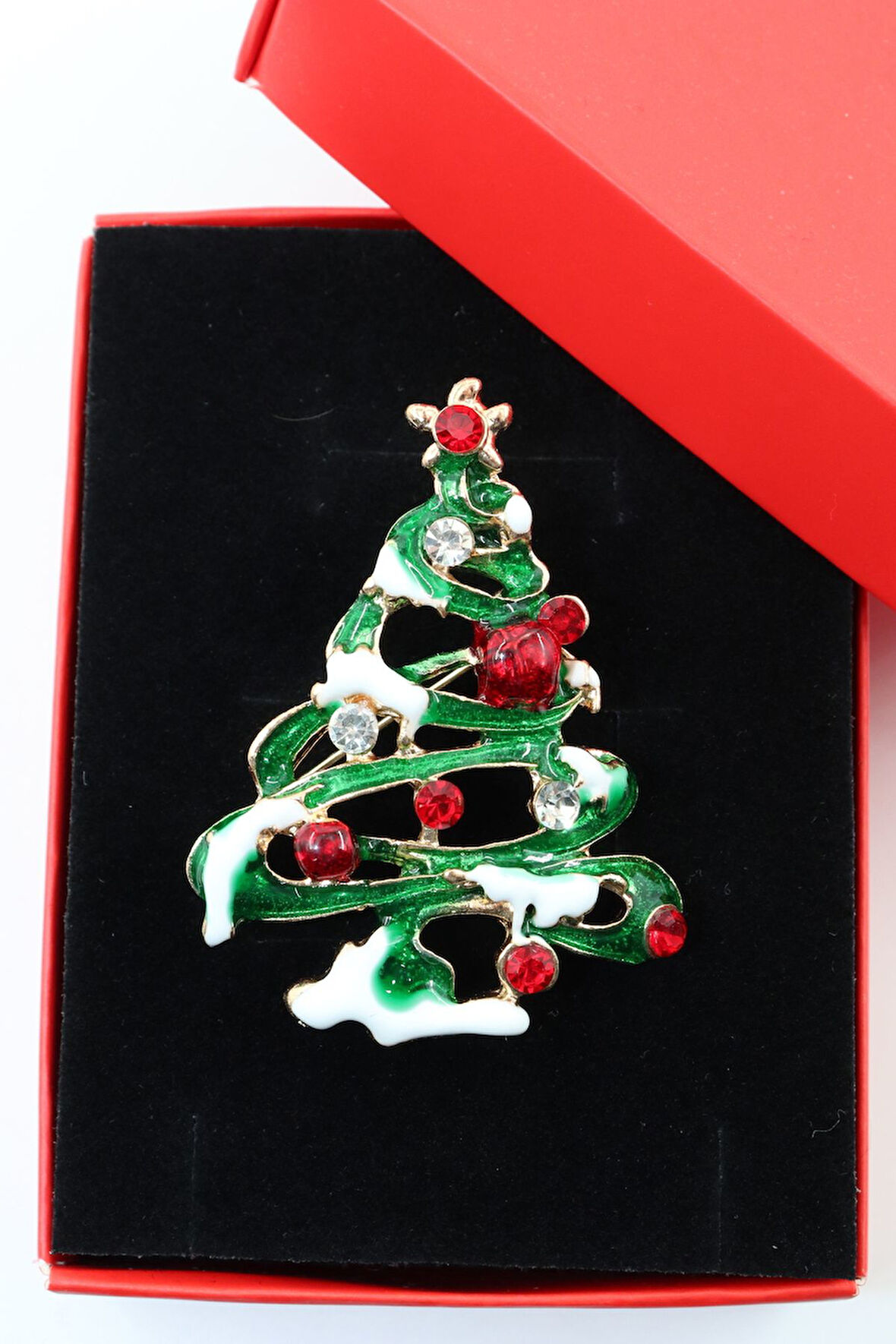 Noel ağacı broş. Taşlı yılbaşı ağacı broş. Yaka iğnesi broş. Çam ağacı broş. Kadın broş. Broş.