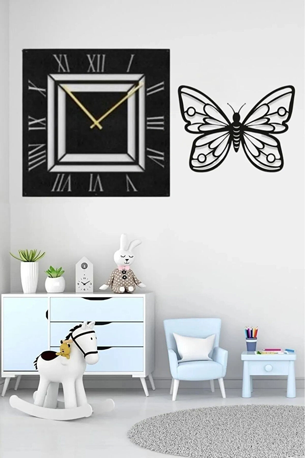 Dikdörtgenli Roma Rakamlı Dekor Duvar Saat+Kelebek