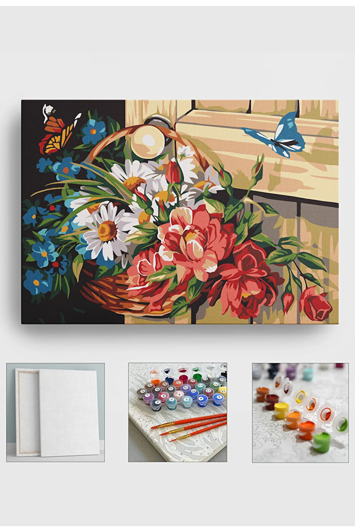 Sayılarla Boyama Seti Numaralı Tuval Fırça Boya 40x50 Cm Kelebekli Çiçekler