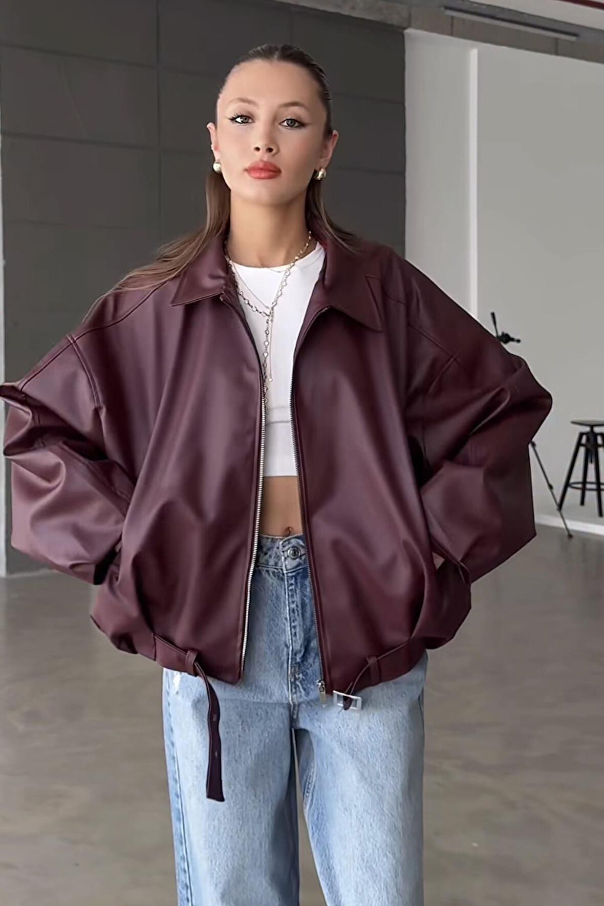 Prifaldi Pb Oversiz Kemerli Bomber Bordo Deri Ceket 