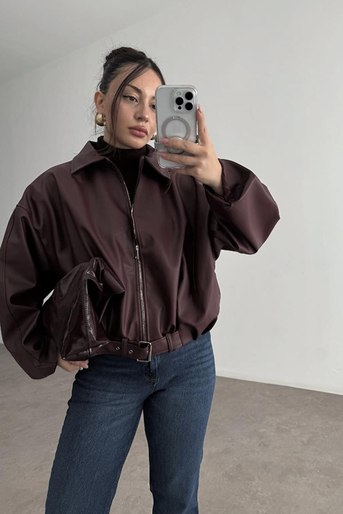 Prifaldi Zr Oversiz Kemerli Bomber Bordo Deri Ceket 