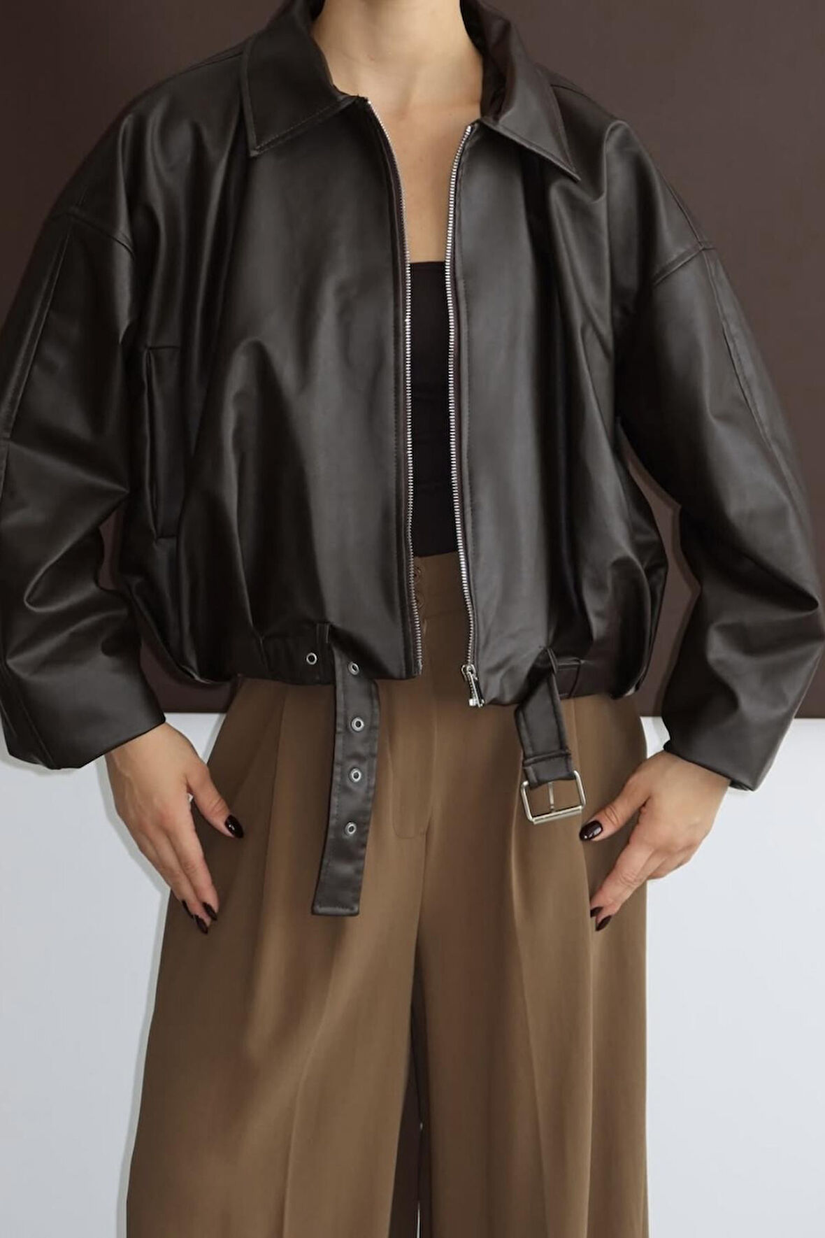 Prifaldi Zr Oversiz Kemerli Bomber Kahverengi Deri Ceket 