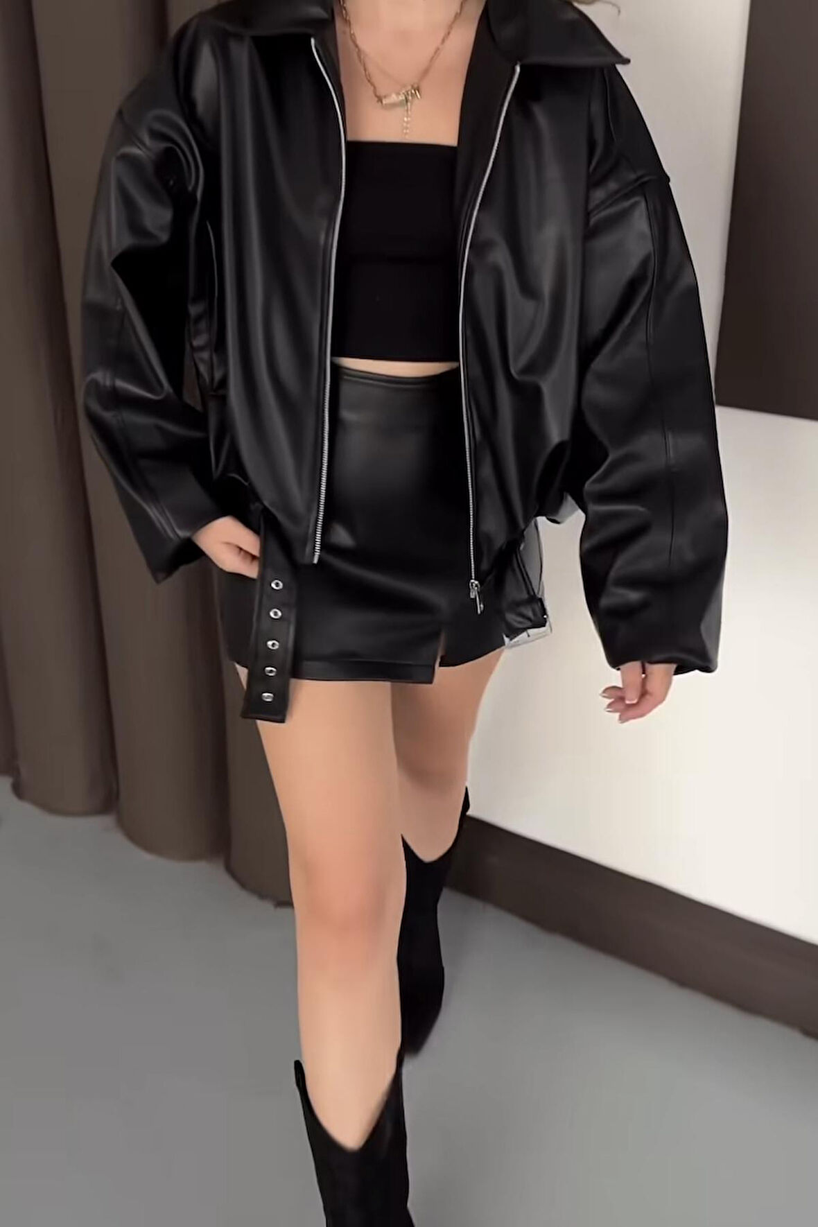 Prifaldi Zr Oversiz Kemerli Bomber Siyah Deri Ceket 