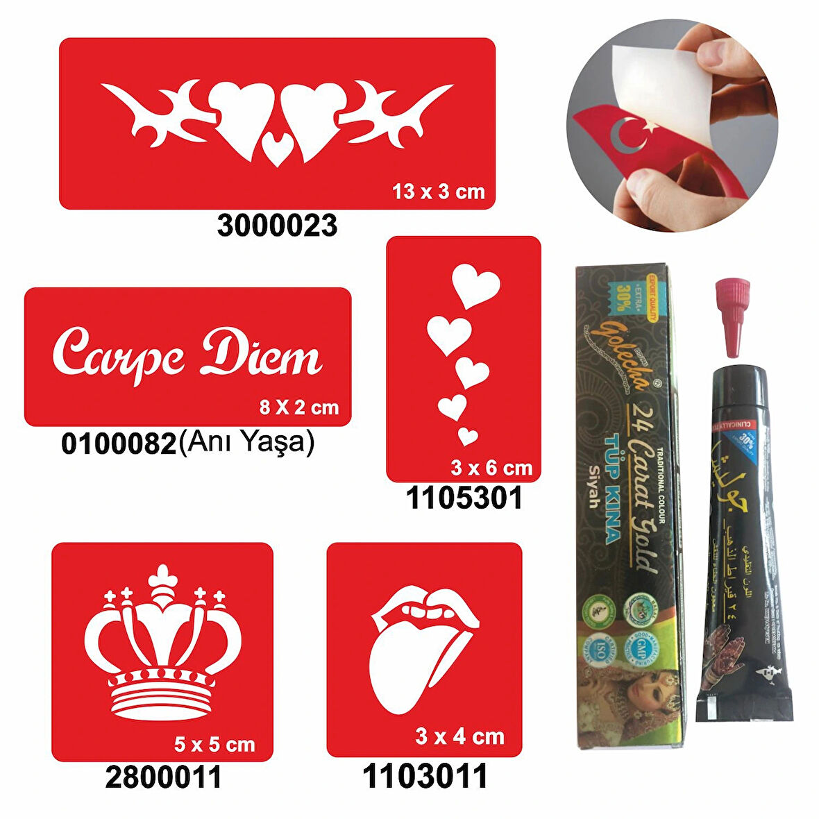 Kralın Kalbi desenleri Hint Kınası ile Geçici Dövme Yapma Seti