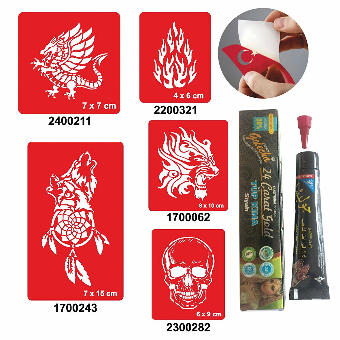 Vahşi Alev Desenleri Hint Kınası ile Geçici Dövme Yapma Seti