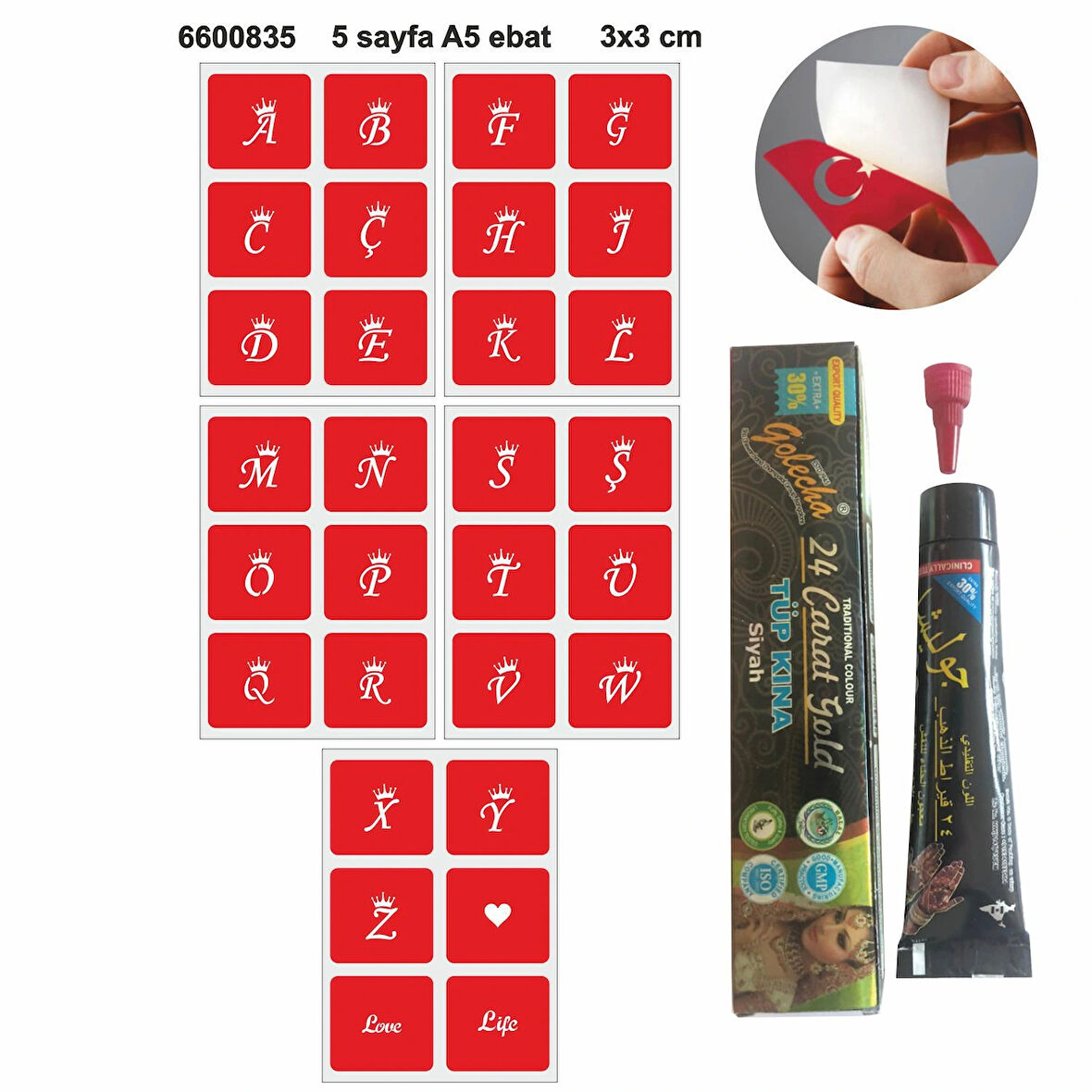 Taçlı Harfler Hint Kınası ile Geçici Dövme Yapma Seti