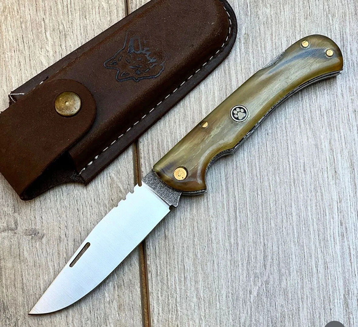 El Yapımı Koç Boynuzu Kabze 4116 Çelik Deri Kılıflı Cep Çakısı