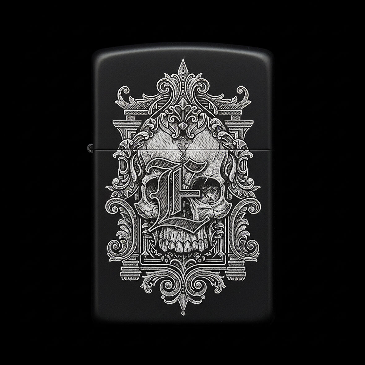 Benzinli Çakmak Kuru Kafa Figürlü E Harfli Tasarım - V51