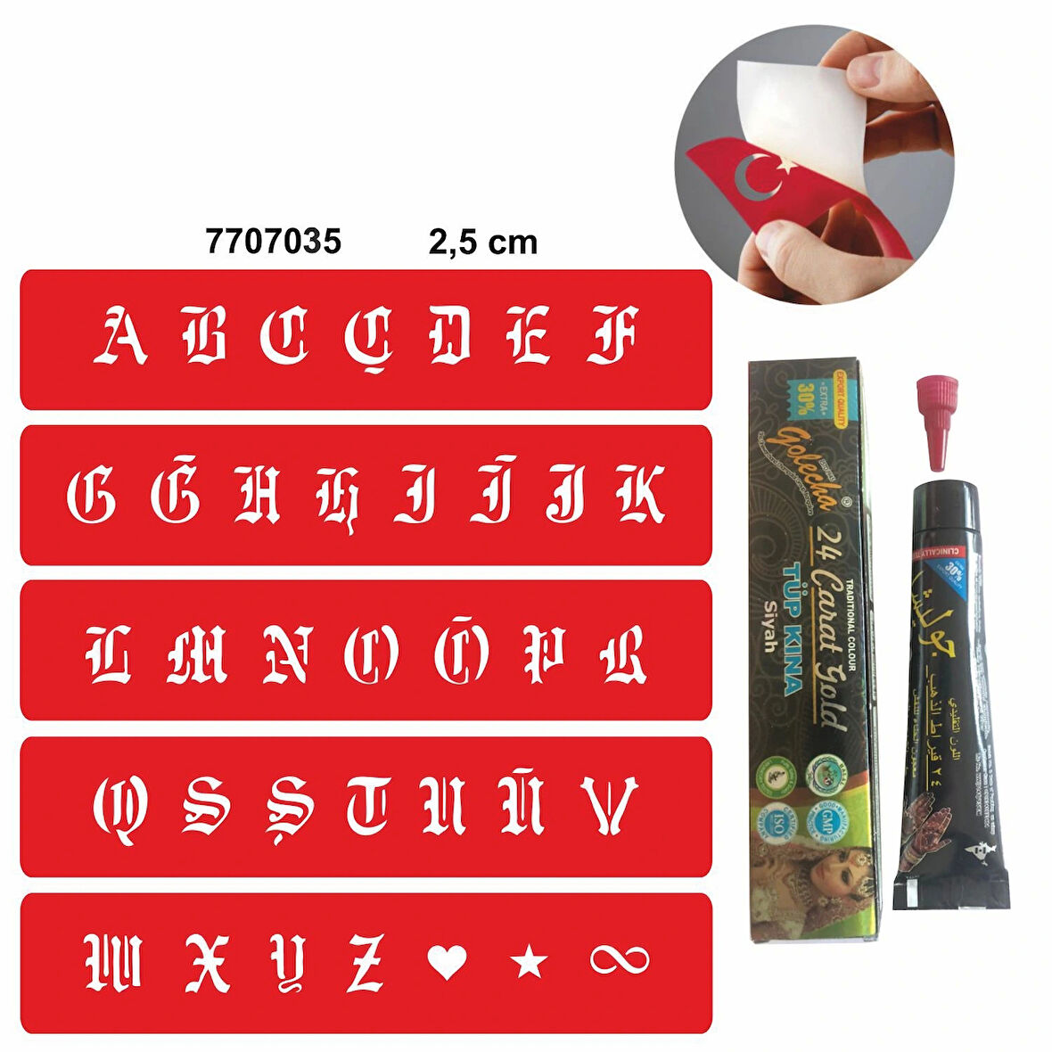 Alfabe Gotik Harfler Hint Kınası ile Geçici Dövme Yapma Seti