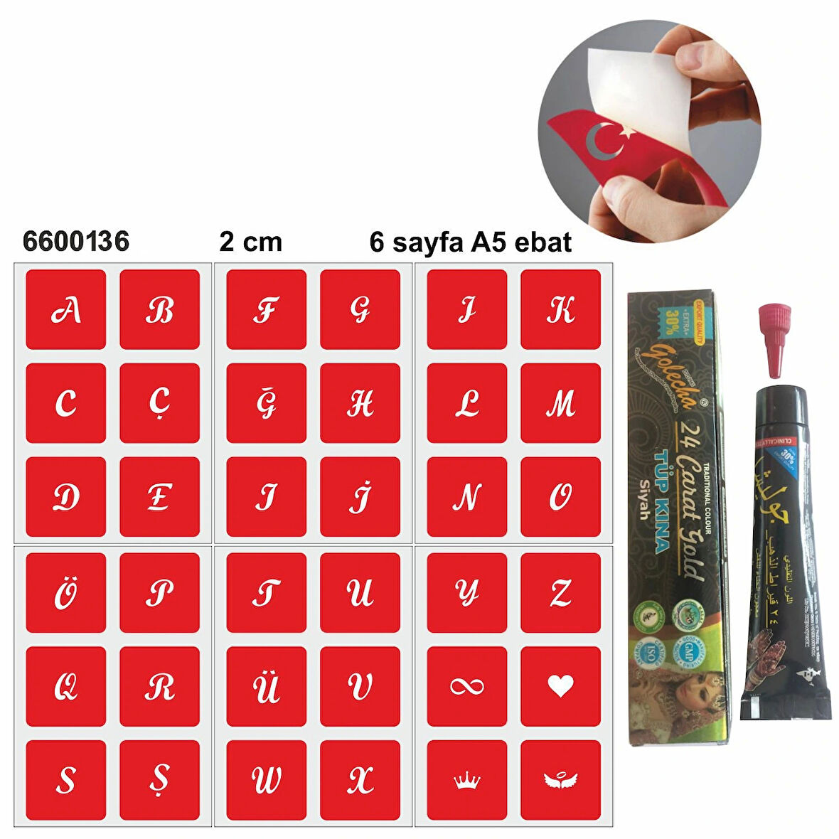 Kare Harfler Hint Kınası ile Geçici Dövme Yapma Seti