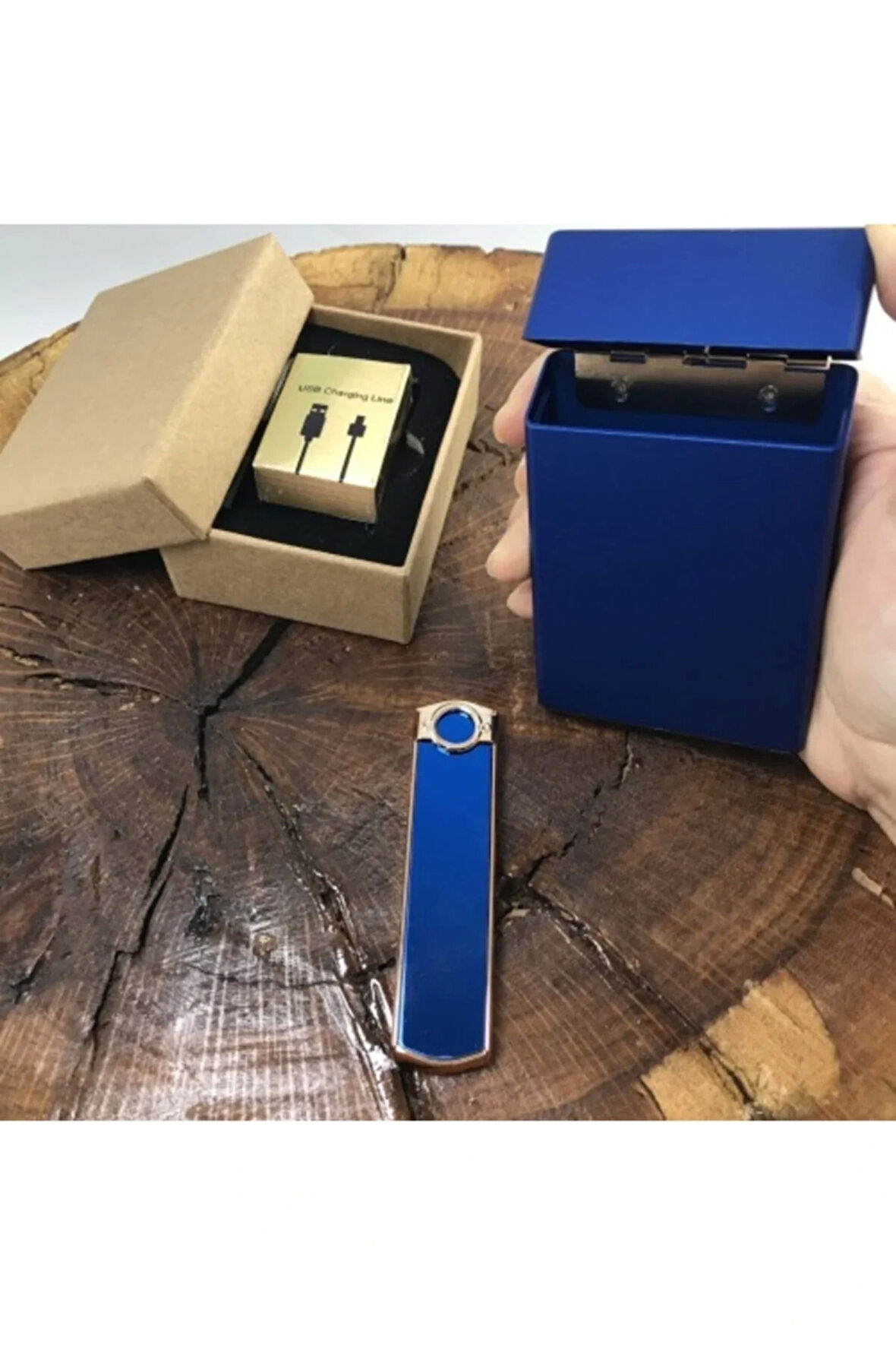 AlsepeteAvm Usb Alevsiz Şarjlı Çakmak Ve Metal Slim Tabaka Seti