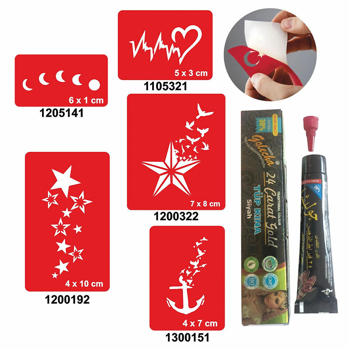 Kalp ve Yıldız Desenleri Hint Kınası ile Geçici Dövme Yapma Seti