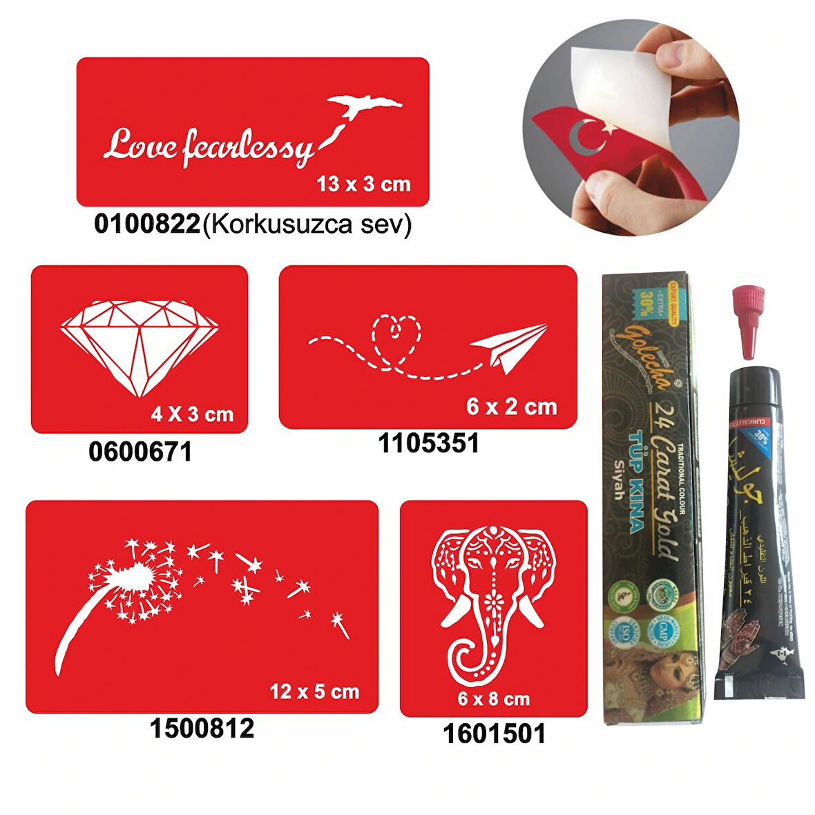 Elmas ve Fil Desenleri Hint Kınası ile Geçici Dövme Yapma Seti