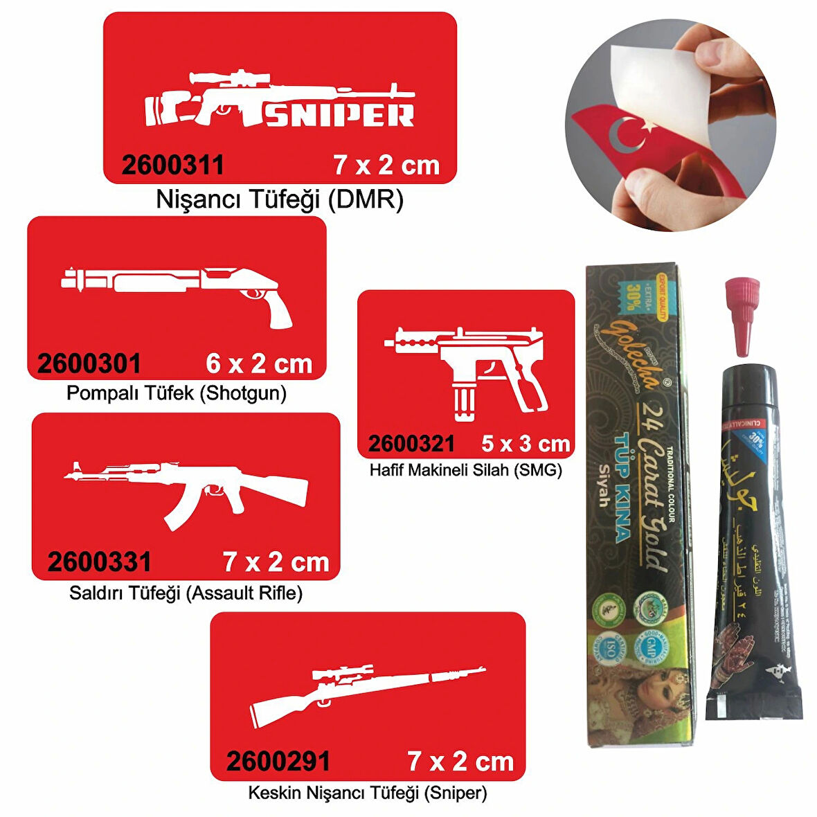 Silah Desen Serisi Hint Kınası ile Geçici Dövme Yapma Seti