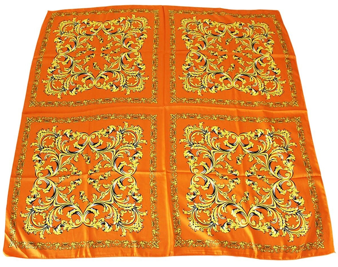 Etnik Çiçek Desenli Turuncu Saten Eşarp - 90x90