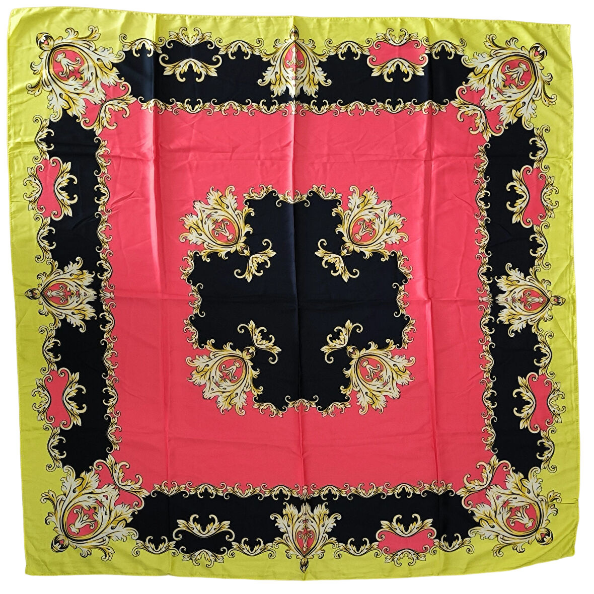 Geometrik Çiçek Desenli Saten Sarı Eşarp - 90x90