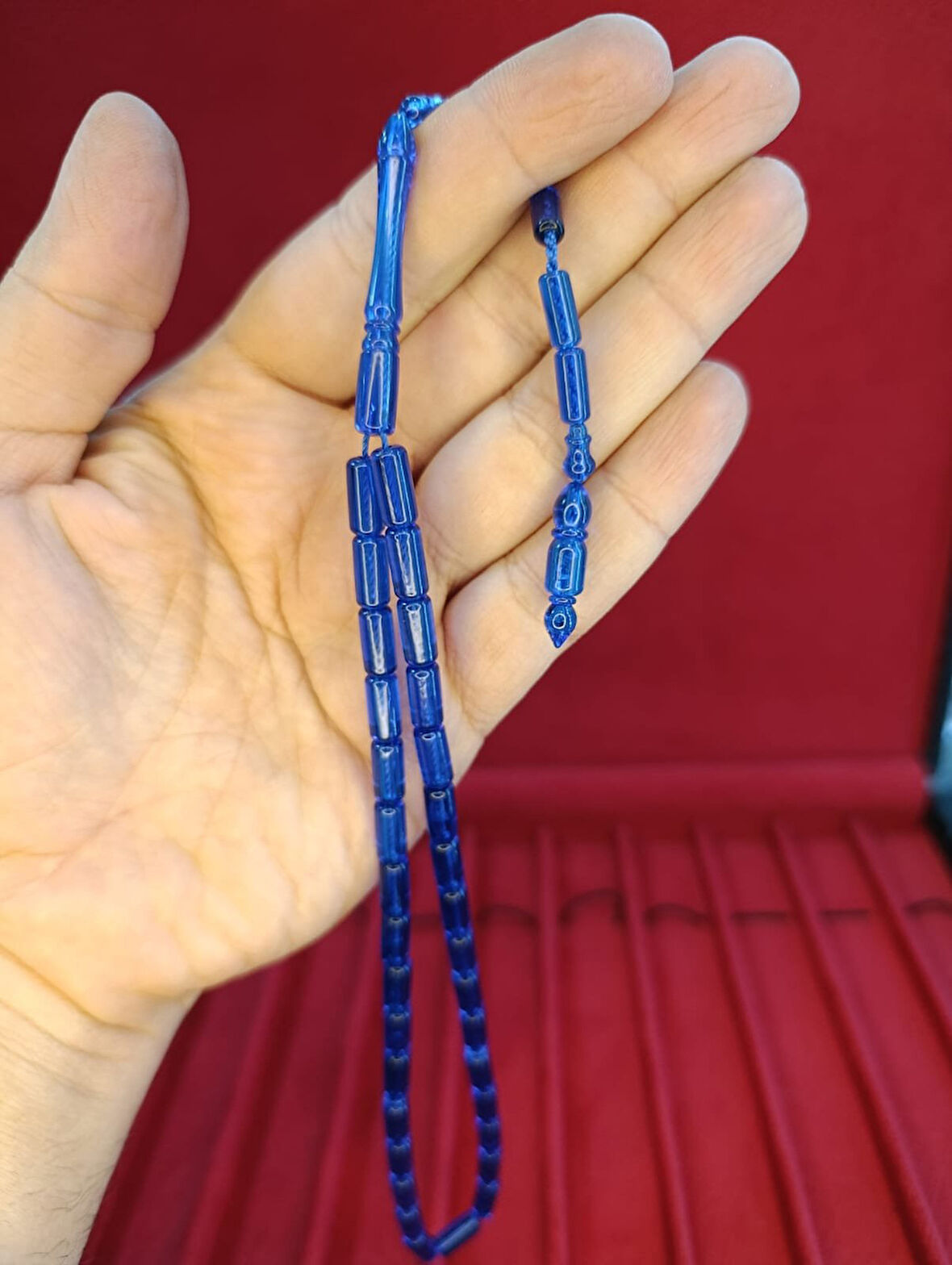 TOZ KEHRİBAR TESBİH KESME KESİM MAVİ RENKLİ SİSTEMLİ 11MMX5MM ÖZEL ÖLÇÜ