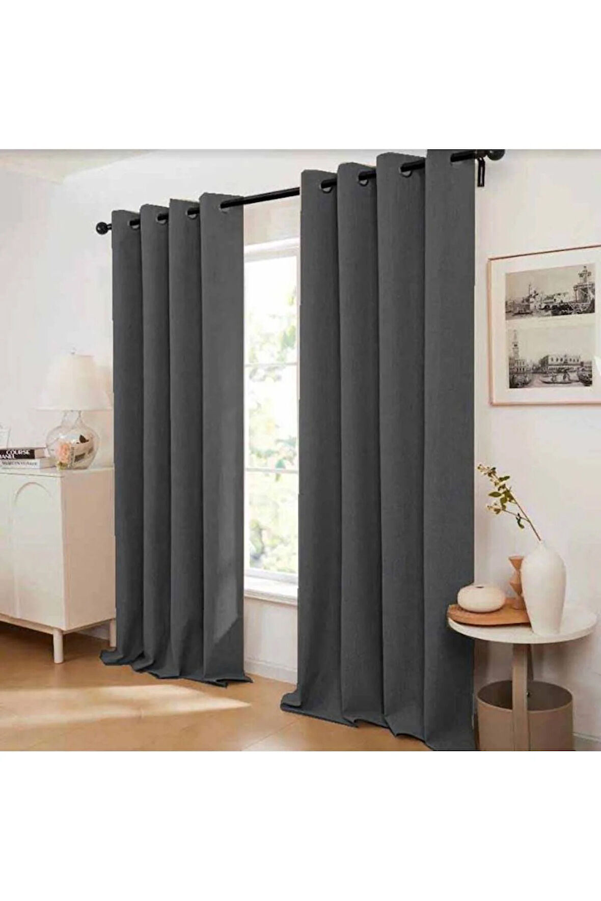 Keten Black Out Gri Antrasit Renk Rustik Perde Kuşgözü Halkalı Boru Halka Dekoring Perde