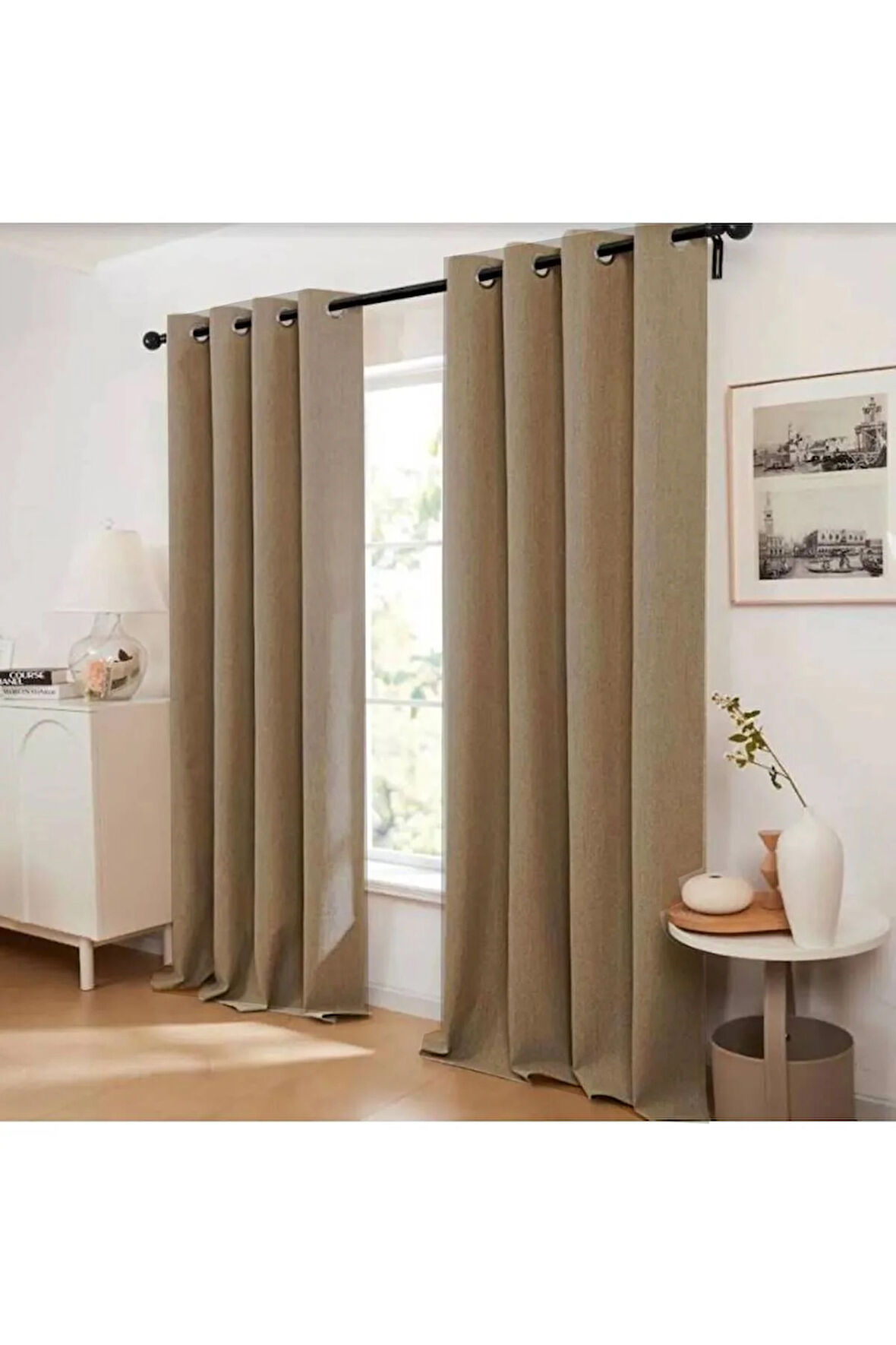 Keten Black Out Bej -kahve Renk Rustik Perde Kuşgözü Halkalı Boru Halka Dekoring Perde